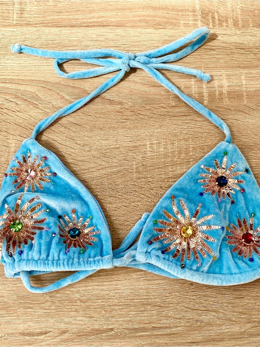 Oceanus Swimwear Dina Sequin Halter Bikini Top Blue Large